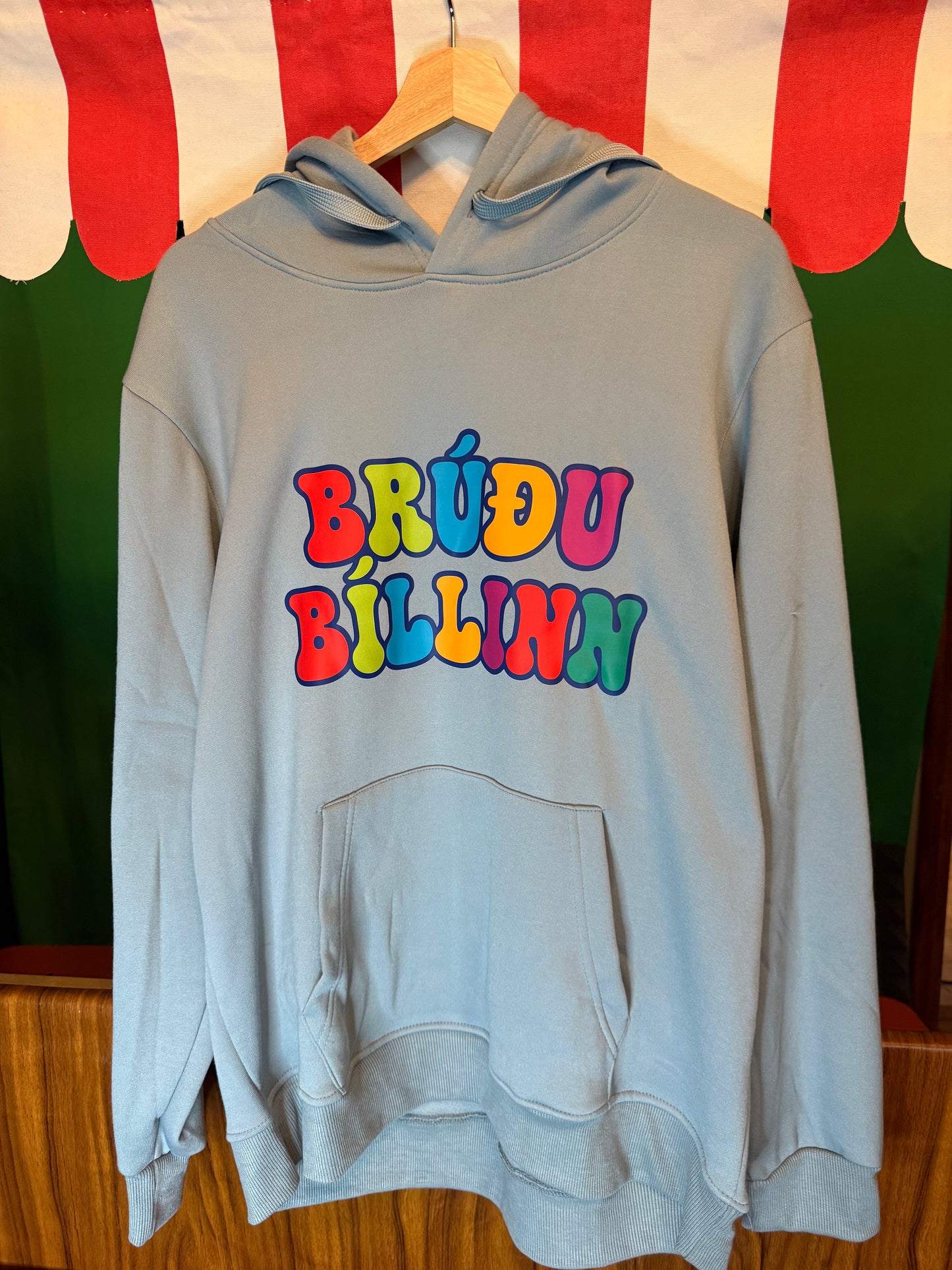XL ljósblá hettupeysa Brúðubíllinn logo!